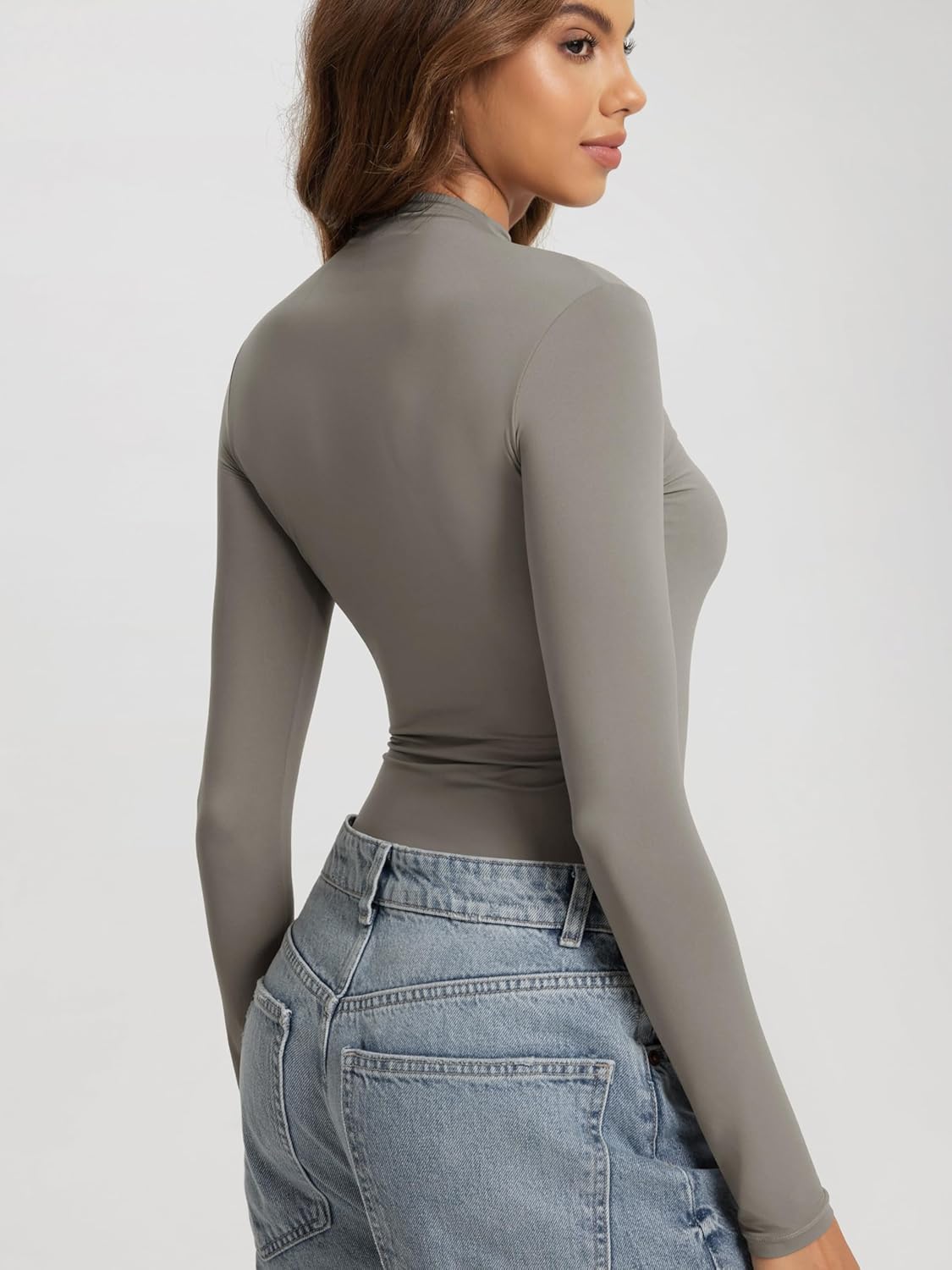 ODODOS Women's Double Layer Mock Neck Long Sleeve T-Shirts Ultra-Soft Lightweight Basic Tee Slim Fit Top - Image 4