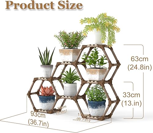 Miniatura 5 de Tikea Soporte hexagonal para plantas de interior y exterior, para plantas suculentas, plantas pequeñas, estante de madera para plantas de 7 niveles,