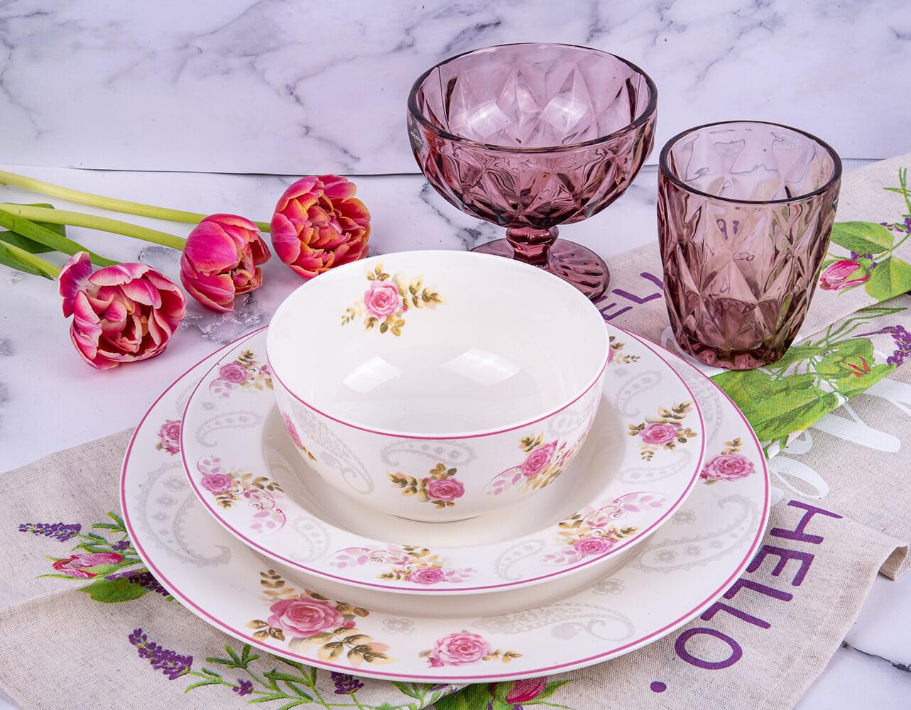 STPGoods Porzellan-Dessertteller-Set – 19,1 cm, Geschirr-Set mit 6 Porzellan-Rosen-Blumentellern für Dessert, Kuchen, runde Servierschalen für Küche,