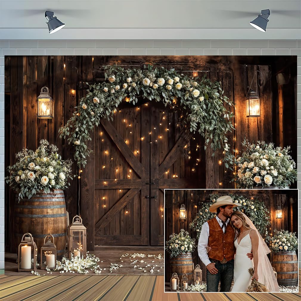 10x8 ft Wedding Rustic Barn Door Backdrop Country White Roses