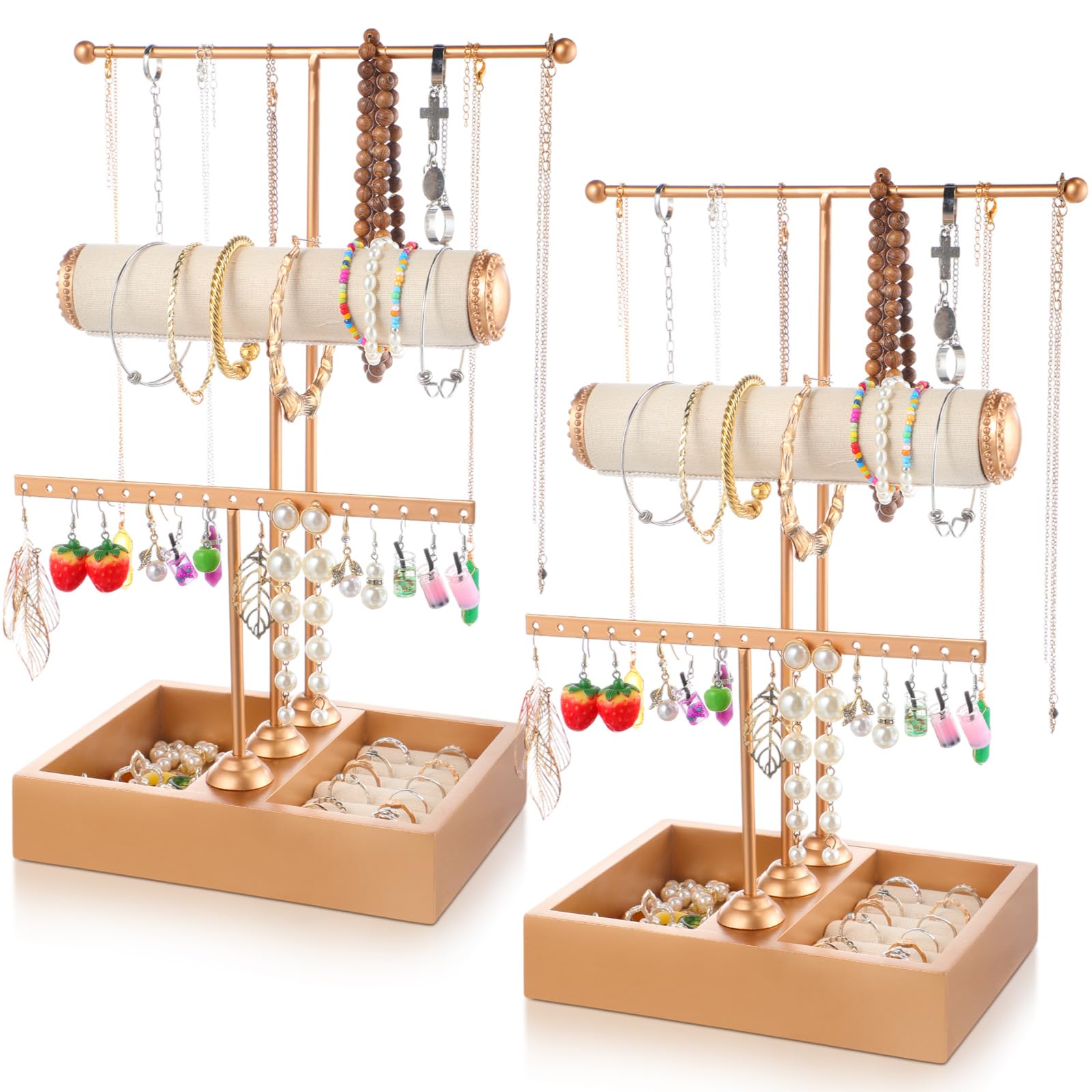 Wonderjune 2 Pcs 3 Tier Jewelry Holder Necklace Bracelet Display Stand with Earring Ring Tray Jewelry Organizer Storage Holder for Necklace Bracelet Bangle Watch Scrunchie