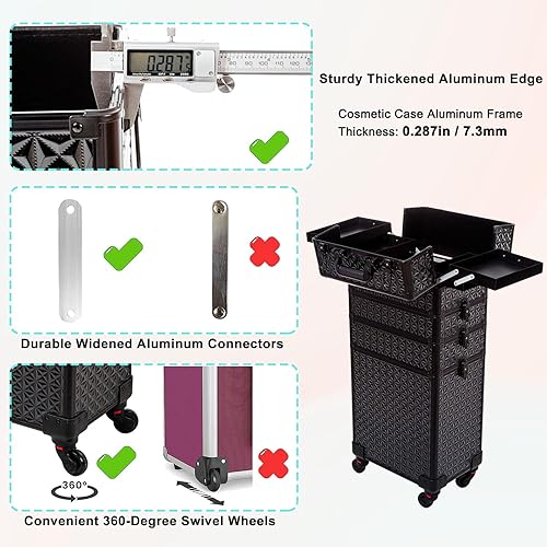 Miniatura 7 de AROUS Estuche de maquillaje profesional 5 en 1, estuche de aluminio para cosméticos, estuche de maquillaje con ruedas giratorias de 360 , Negro -,