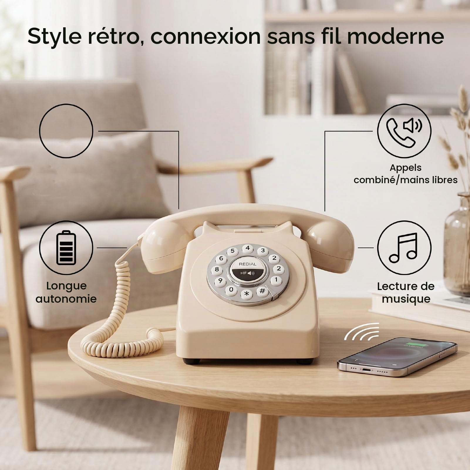 Sxhlseller Téléphone Rétro Bluetooth avec combiné sans Fil, Haut-Parleur de Style Téléphone Fixe Vintage pour Chevet D'hôtel, Récepteur D'appels Mains Libres pour Portable et