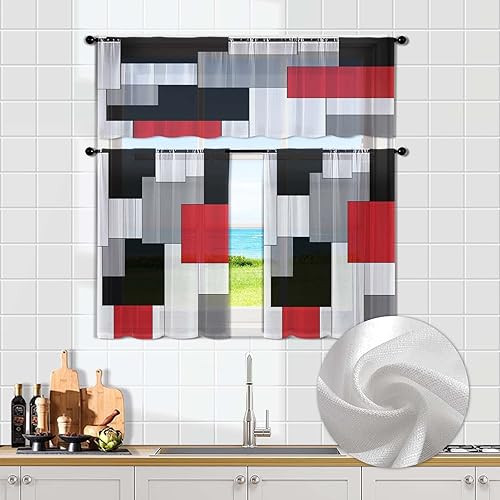 MCALK Juego de 3 cenefas y cortinas transparentes para cocina, color rojo, decoración artística y de moda para ventanas de cocina abstractas blancas