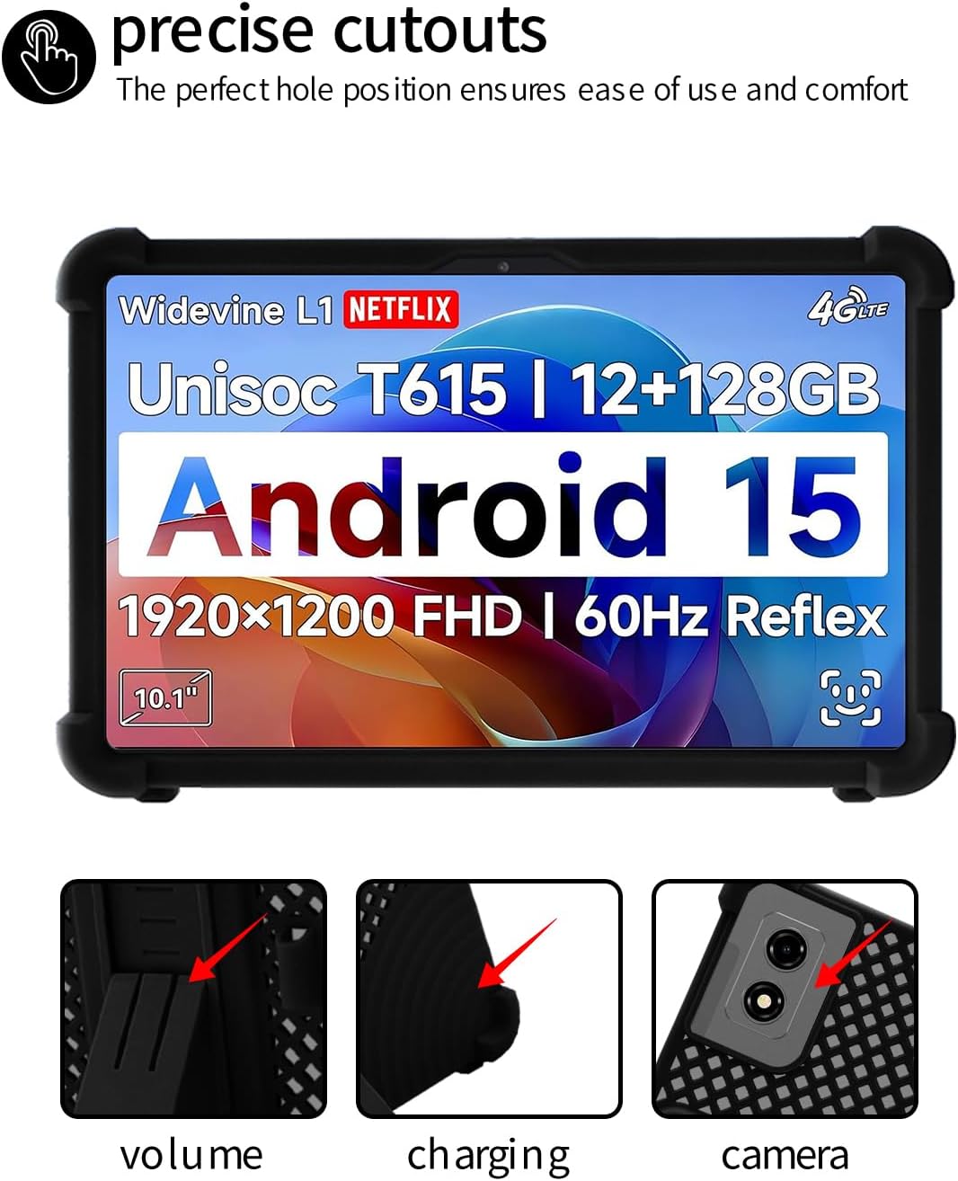 Image showing precise cutouts for volume, charging, and camera on the tablet case.