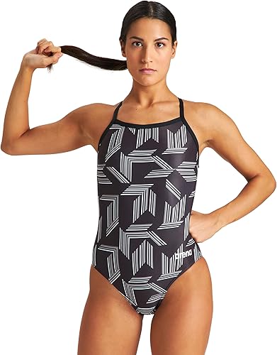 ARENA Puzzled Light Drop Back Women's One Piece Swimsuit for Competitive or Casual Swim Ladies Bathing Suit, Black/Black Multi, Size 30