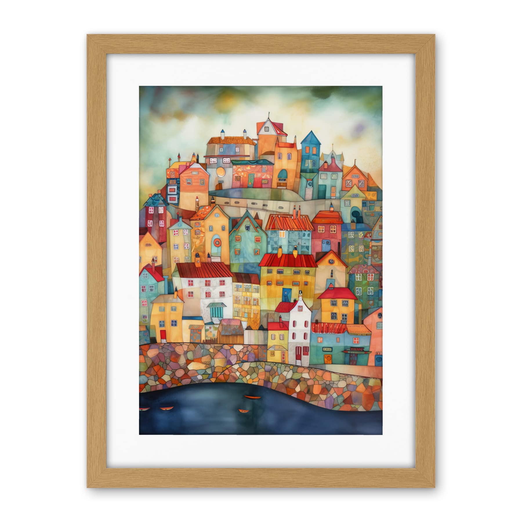 Artery8 Home By The Sea Folk Art Artwork Framed Wall Art Print 18X24 Inch