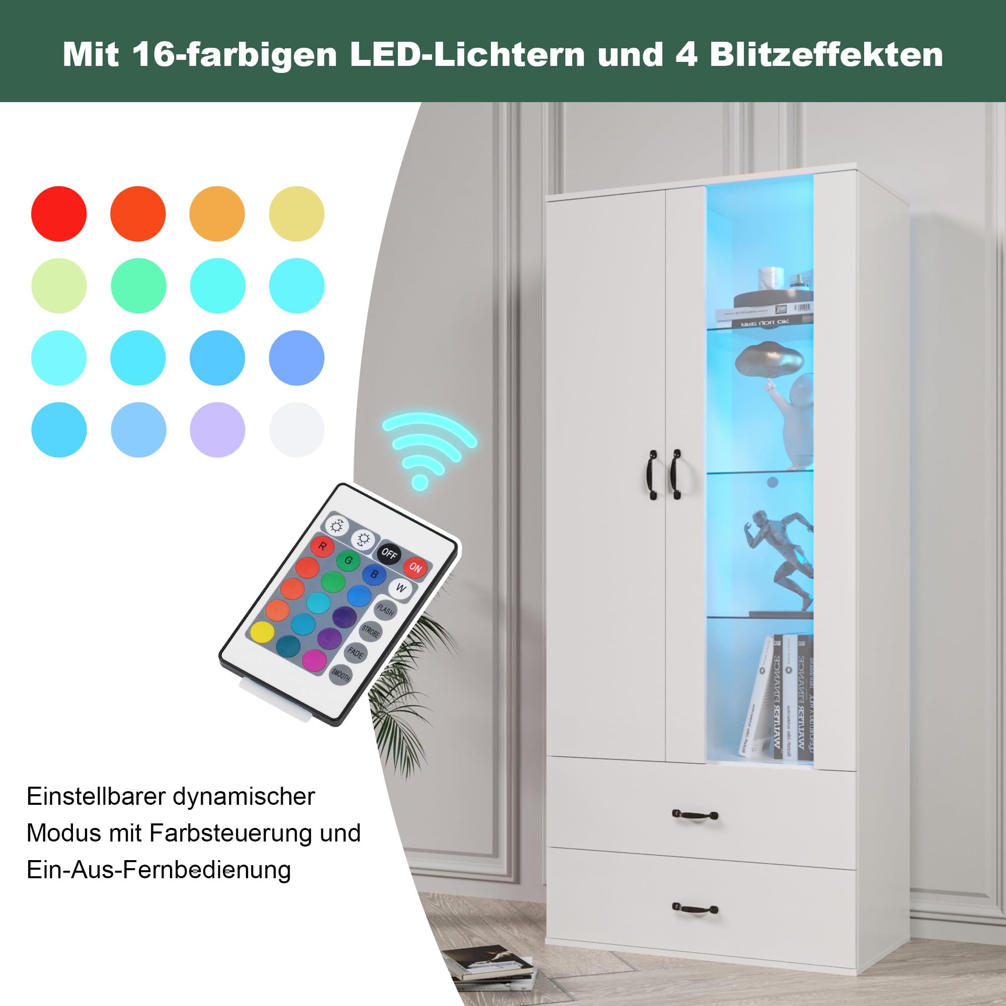 Vitrina iluminada por LED de 16 colores, 2 puertas, 2 cajones con puertas de cristal, vitrina de pie con LED blanca, para salón, pared de salón, vitrina LED, armario de buffet, estantería alta,