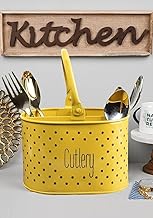 C (DEVICE) Decorative Metal Cutlery Holder with Handle, Yellow Polka Dot Design, Kitchen Utensil Organiser
