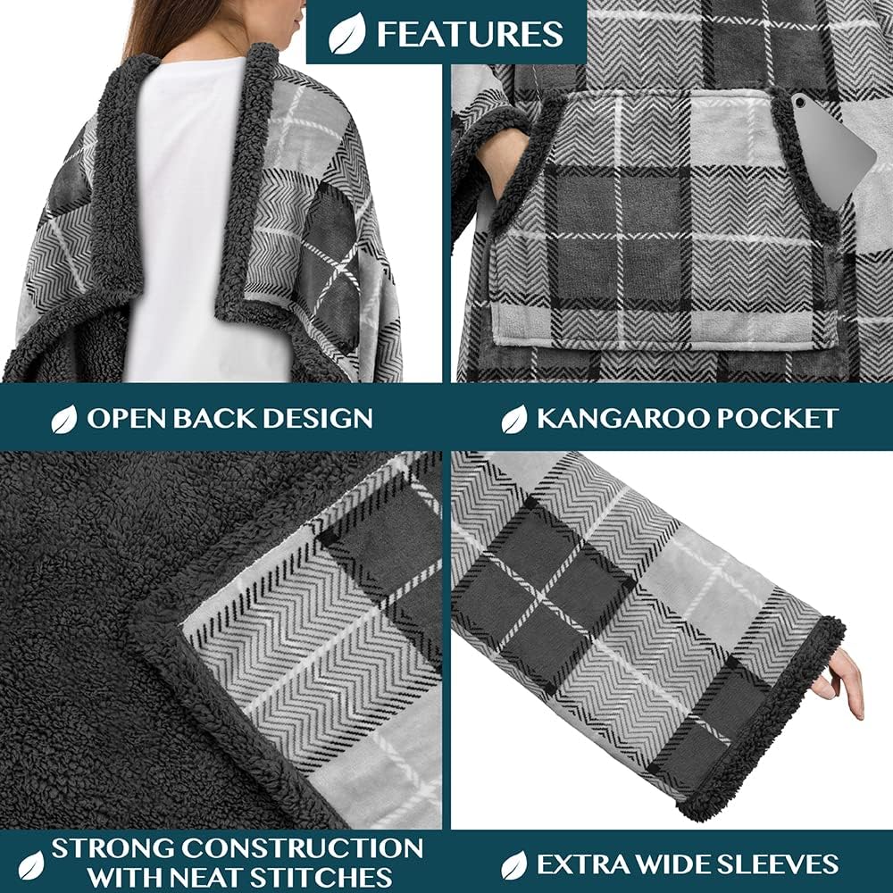 PAVILIA Sherpa Wearable Blanket with Sleeves and Pocket, Plush Thick Cozy Body Blanket Wrap for Adult Women Men, Christmas Gift for Wife Mom, Plaid Grey - Image 3