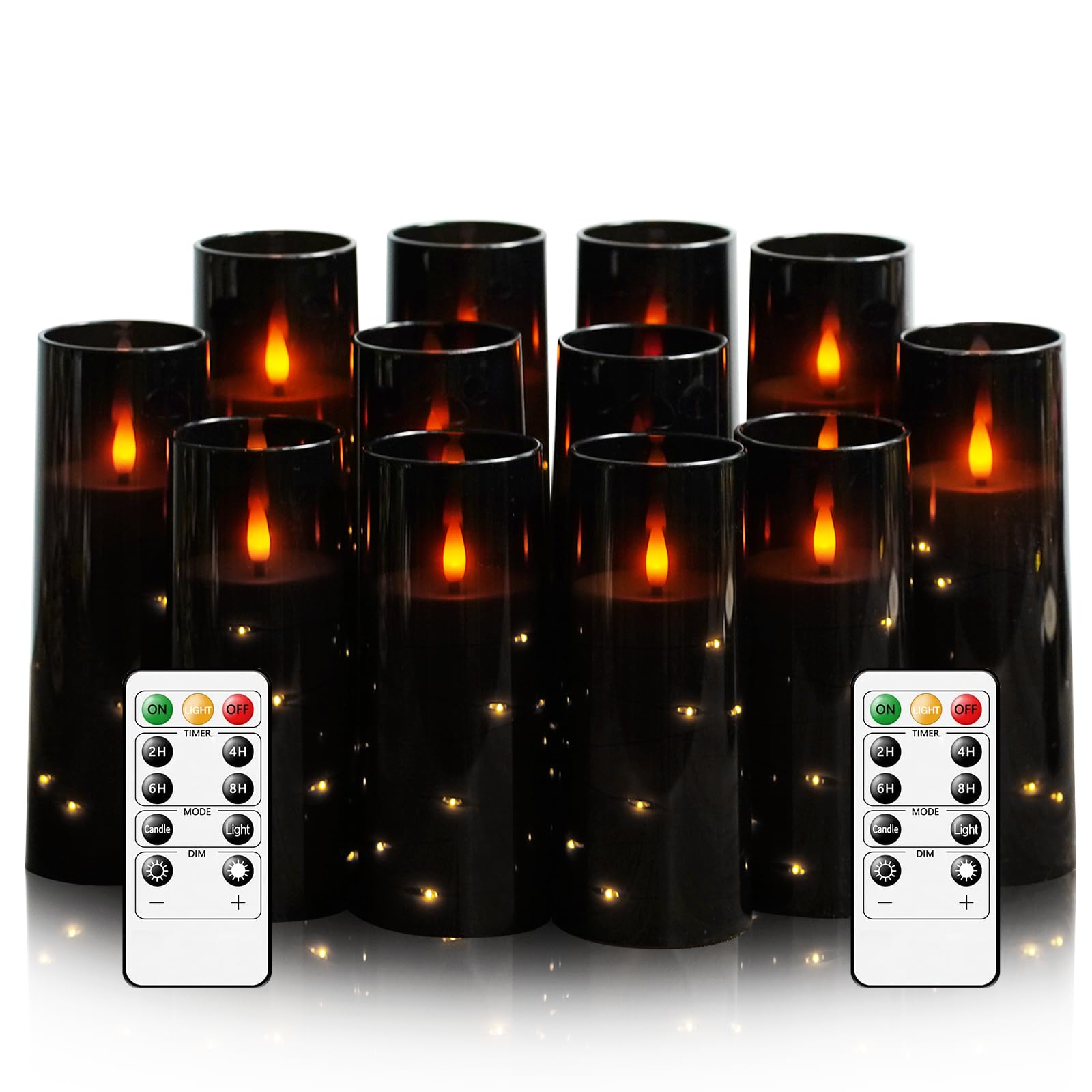 Sasigeiaa Flameless Candles with Embedded Star String - Battery Operated LED Candles, with Remote,12 Black Flickering Candles for Christmas, Weddings, Home Decor &amp; Party,(D 2.3"×H 5" 6" 7")