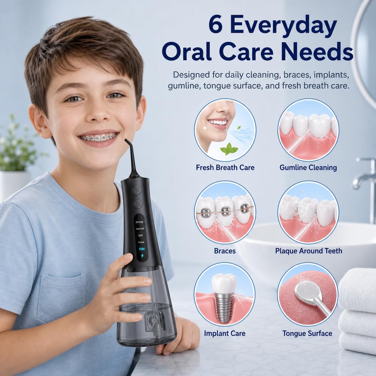 MOCEL Idropulsore dentale senza fili per denti, 300 ml, portatile, con display OLED e modalità bambino, 5 impostazioni di pressione, 6 punte, USB-C, impermeabile IPX7, bretelle e assistenza familiare