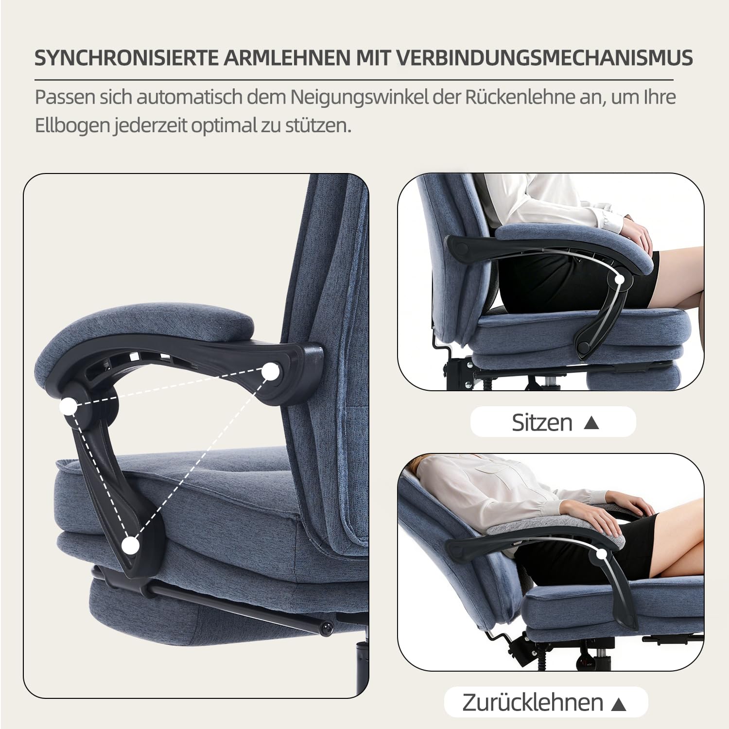 MZLEE Bürostuhl, Schreibtischstuhl Ergonomisch mit Fußstütze, Linkage-Armlehnen, Höhenverstellbar, Liegefunktion 90°-135°, Stoff Chefsessel für Arbeiten und Nickerchen, Stuhl 150 kg
