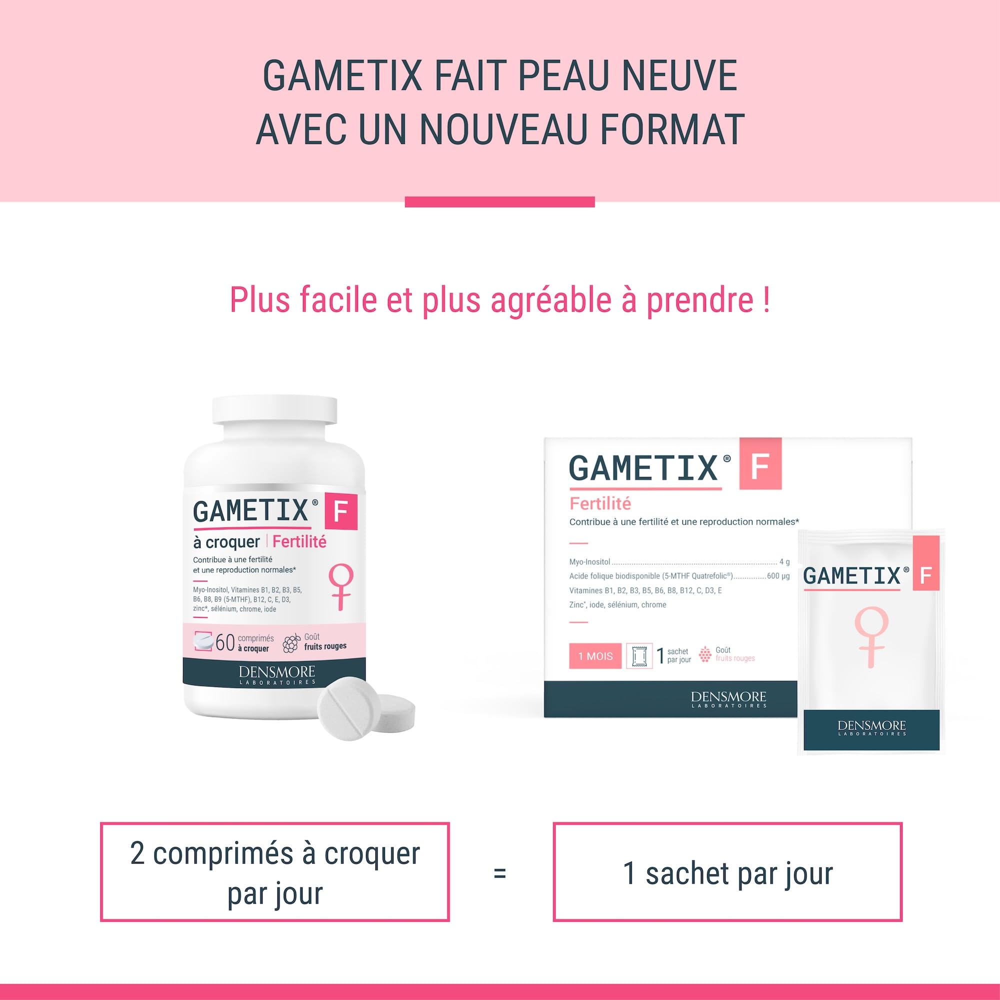 Densmore - GAMETIX F à Croquer - Complément Alimentaire Fertilité Féminine à base de Myo-Inositol, Acide Folique (Vitamine B9), Zinc, Vitamines - Goût Fruits Rouges - 60 Comprimés - Fabriqué en France
