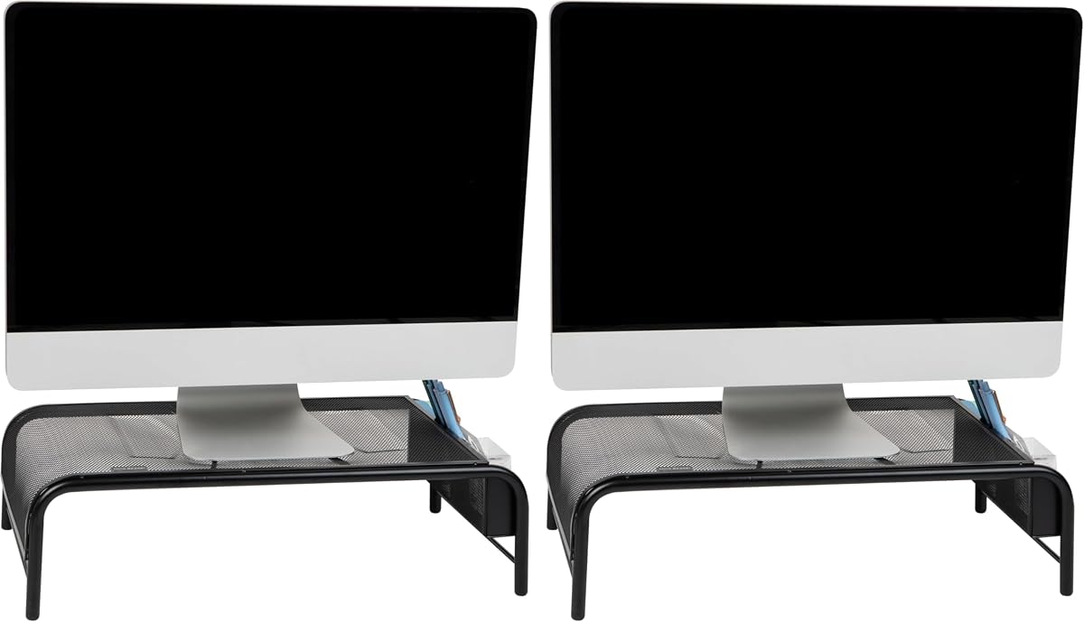 Mind Reader Monitor Stand, Ventilated Laptop Riser, Desktop Organizer, Side Storage, Metal Mesh, 20" L x 11.5" W x 5.5" H, Black (Pack of 2)
