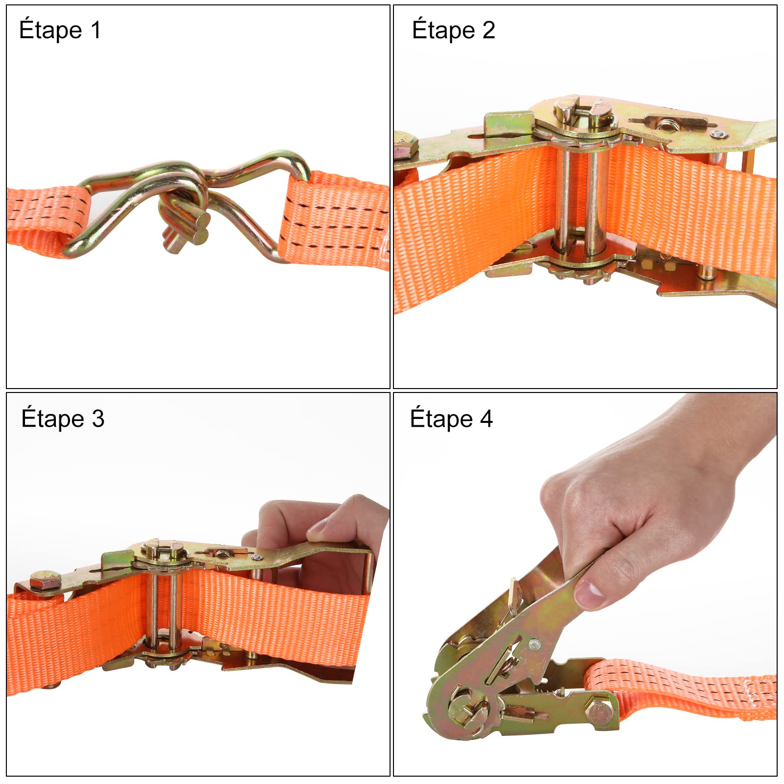 4 Jeux de 3000 KG Sangle d'arrimage à Cliquet, 6M×38MM Sangle a Cliquet avec Crochet en Polyester, Sangles de Serrage avec Tendeur à Cliquet pour Remorque, Moto, Voiture