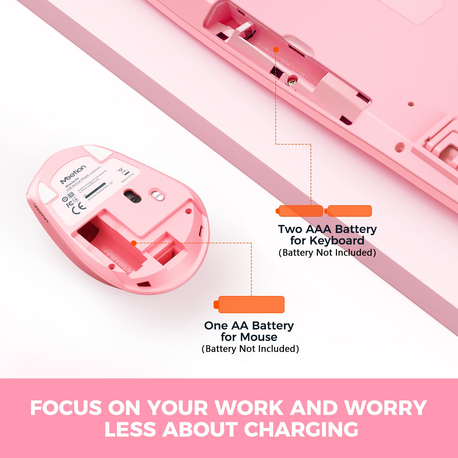 MEETION Wireless Keyboard and Mouse, Bluetooth Ergonomic Keyboard with Wrist Rest, Multi-Device, 3-Level DPI Wireless Mouse for Windows/MacLaptop/Computer/PC/iPad/Andriod, Pink