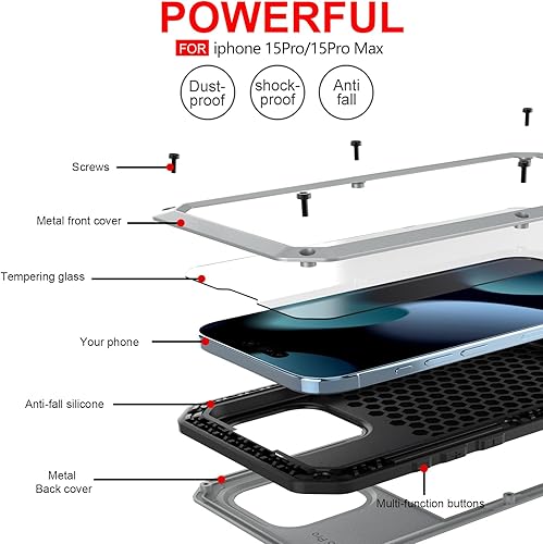 Miniatura 8 de Marrkey Compatible con iPhone 15 Pro, funda protectora de cuerpo completo 360, resistente a los golpes Armadura resistente Funda de metal de