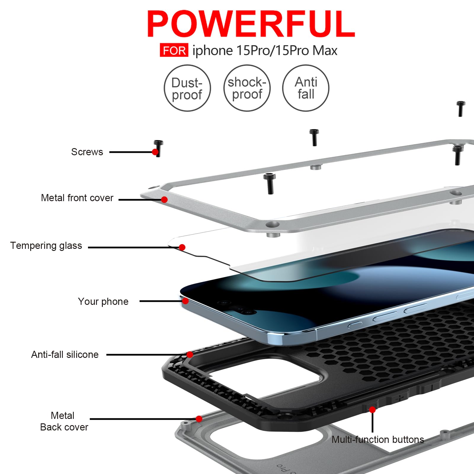 Funda compatible con iPhone 15 Pro Max, funda protectora de cuerpo completo 360, resistente, a prueba de golpes, carcasa de aleación de aluminio con protector de pantalla integrado de silicona