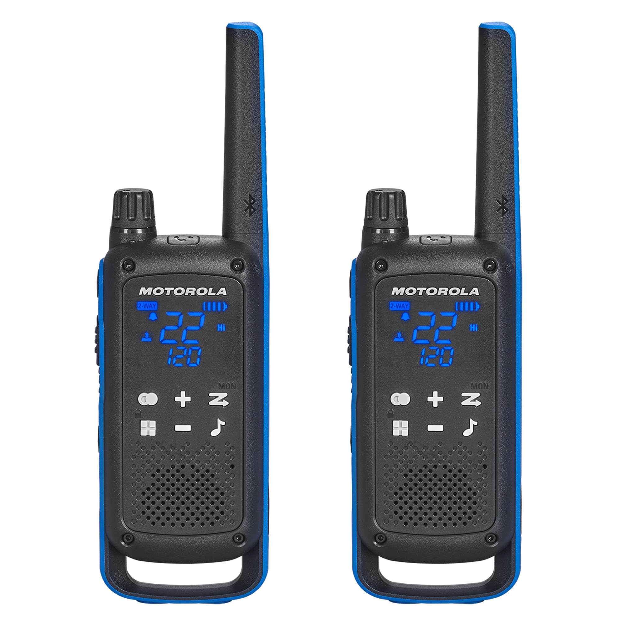 Motorola Solutions, Portable FRS, T802, Talkabout, Two-Way Radios Waterproof IP54 Walkie Talkie Emergency Preparedness, Rechargable, 22 Channel, 35 Mile, Black W/Blue, 2 Pack