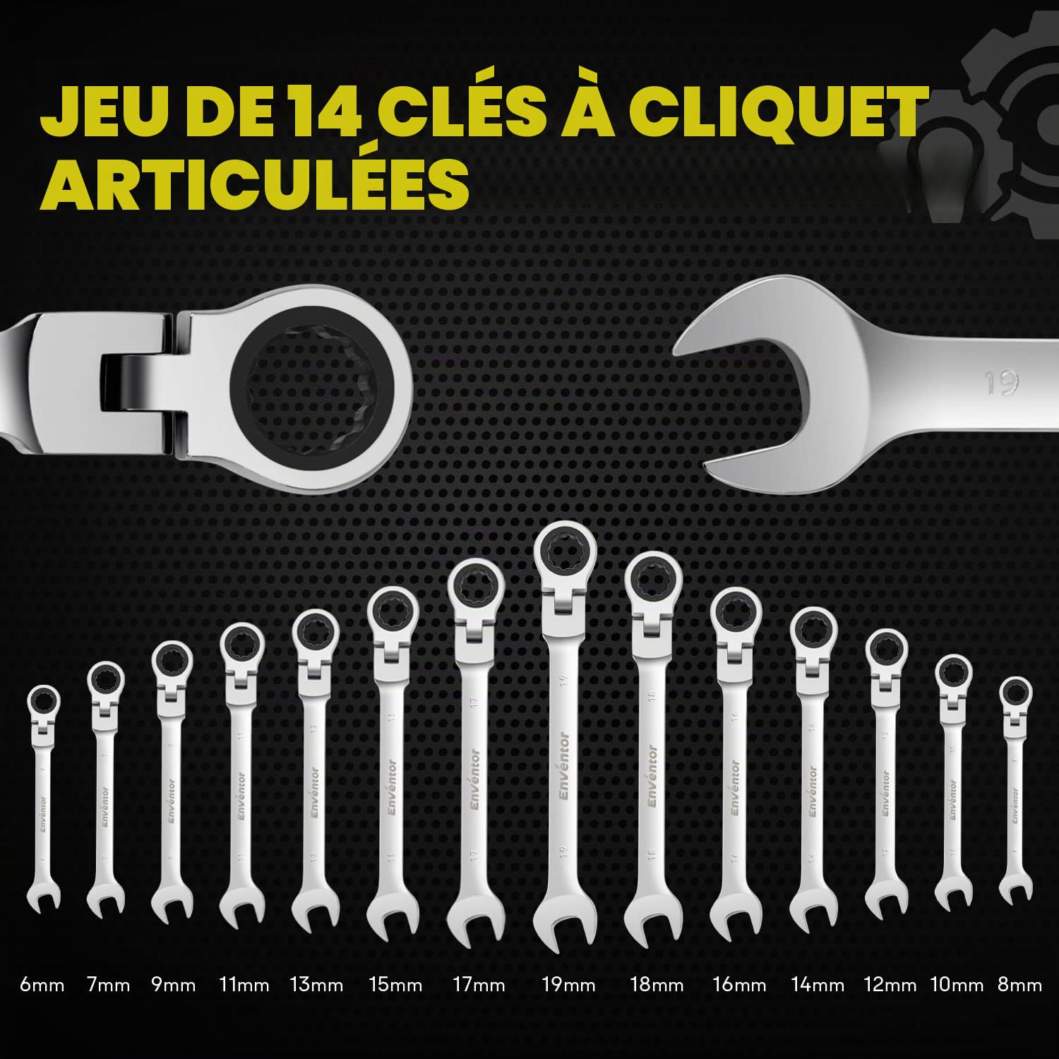 ENWENTOR Jeu de Clé Plate à Cliquet Articulées 14 Pièces 6-19mm 72 Dents Acier Chrome Vanadium