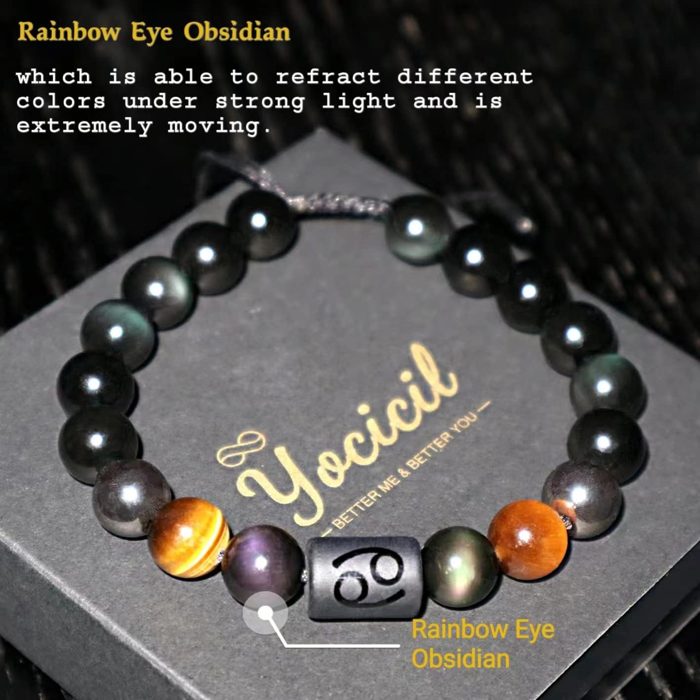 Friendship Bracelets,Rainbow Black Obsidian womens and mens bracelet,10mm Tiger Eye Hematite Zodiac Healing Crystal Bracelet Good Luck Gifts