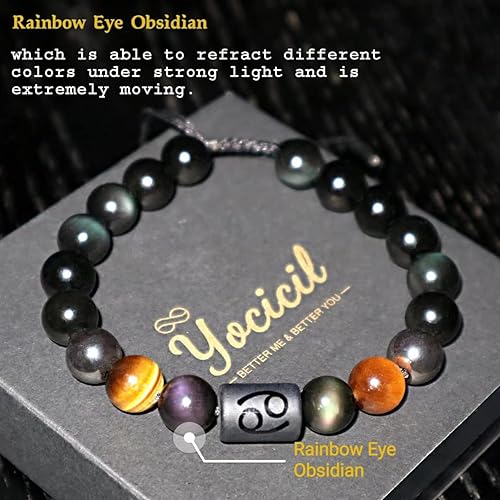 Miniatura 2 de Rainbow Black Obsidian Mens Bracelet, 10mm Natural Tigers Eye Hematite Bracelet,Zodiac Energy Healing Crystal Bracelet Bring Happiness and Luck
