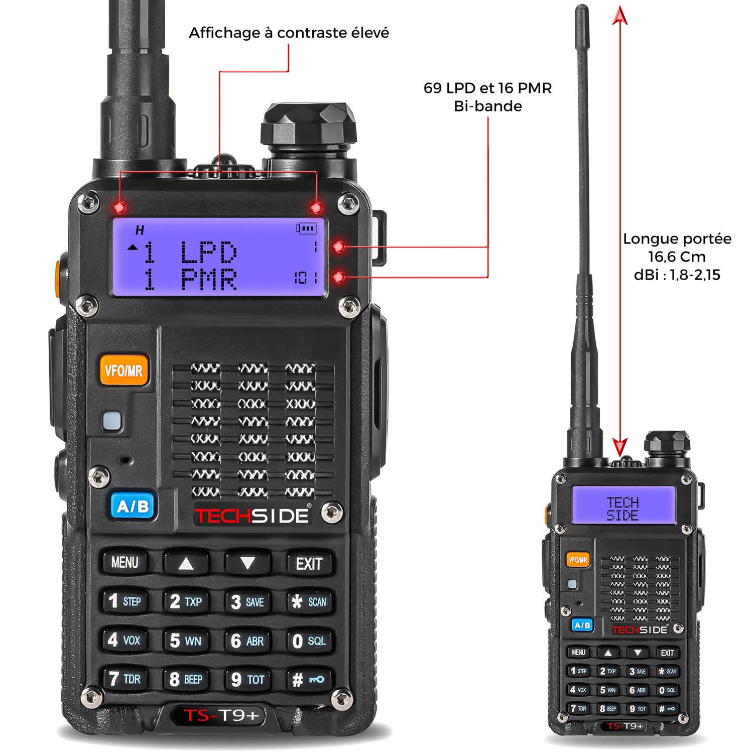 TechSide Mod. Puissant 8W | 16 PMR 69 LPD Tri-Power | Radio TS-T9+ Bi-Bande VHF/UHF | Canaux PRÉINSTALLÉS Compatible avec Midland G7 Pro G9 TI-F8+ Airsoft Surveillance Randonnée | Premium Garantie FR