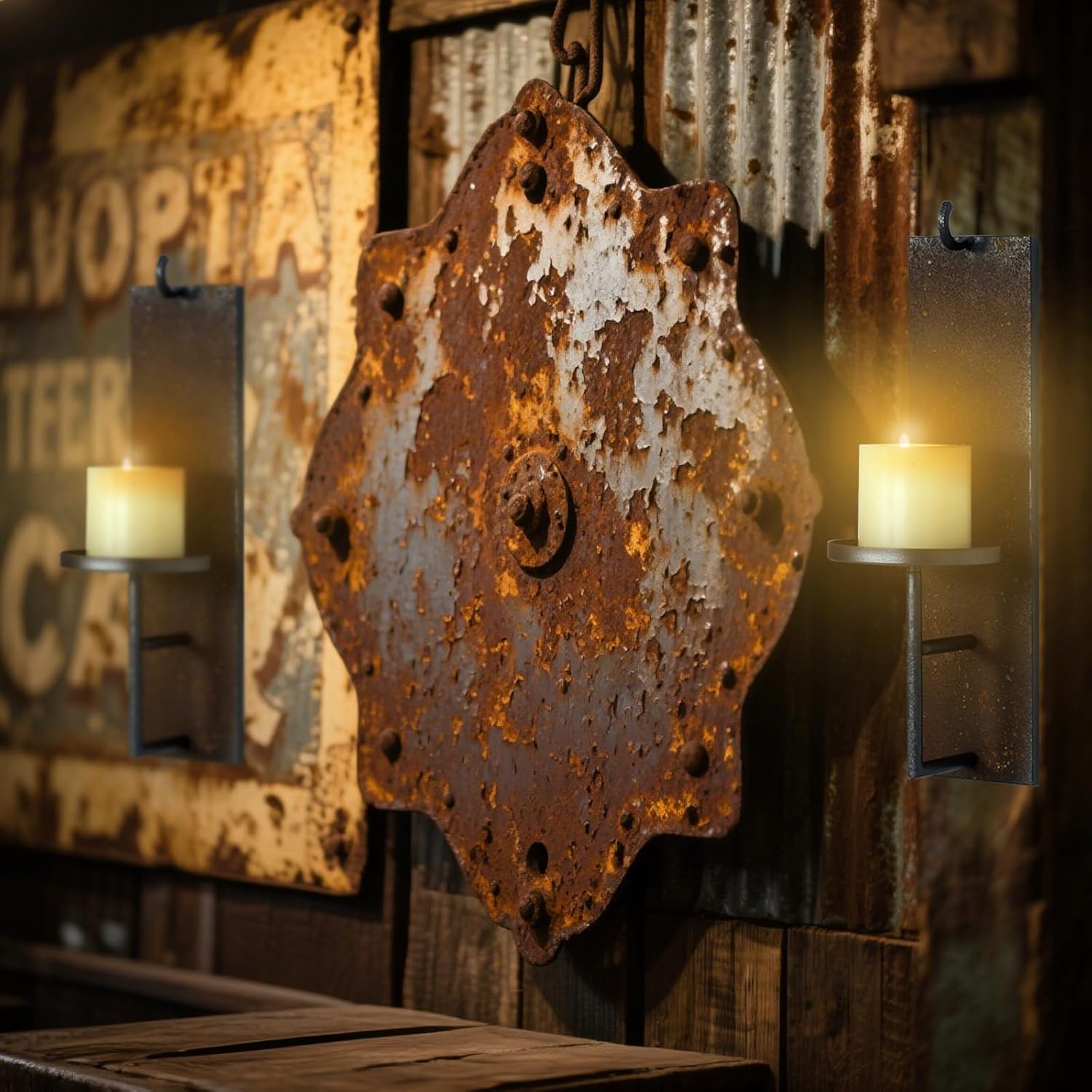 Set of 2 Vintage Wall Candle Sconce, Distressed Iron Metal, 15.6 x 3.9 inches, Rustic Farmhouse Style