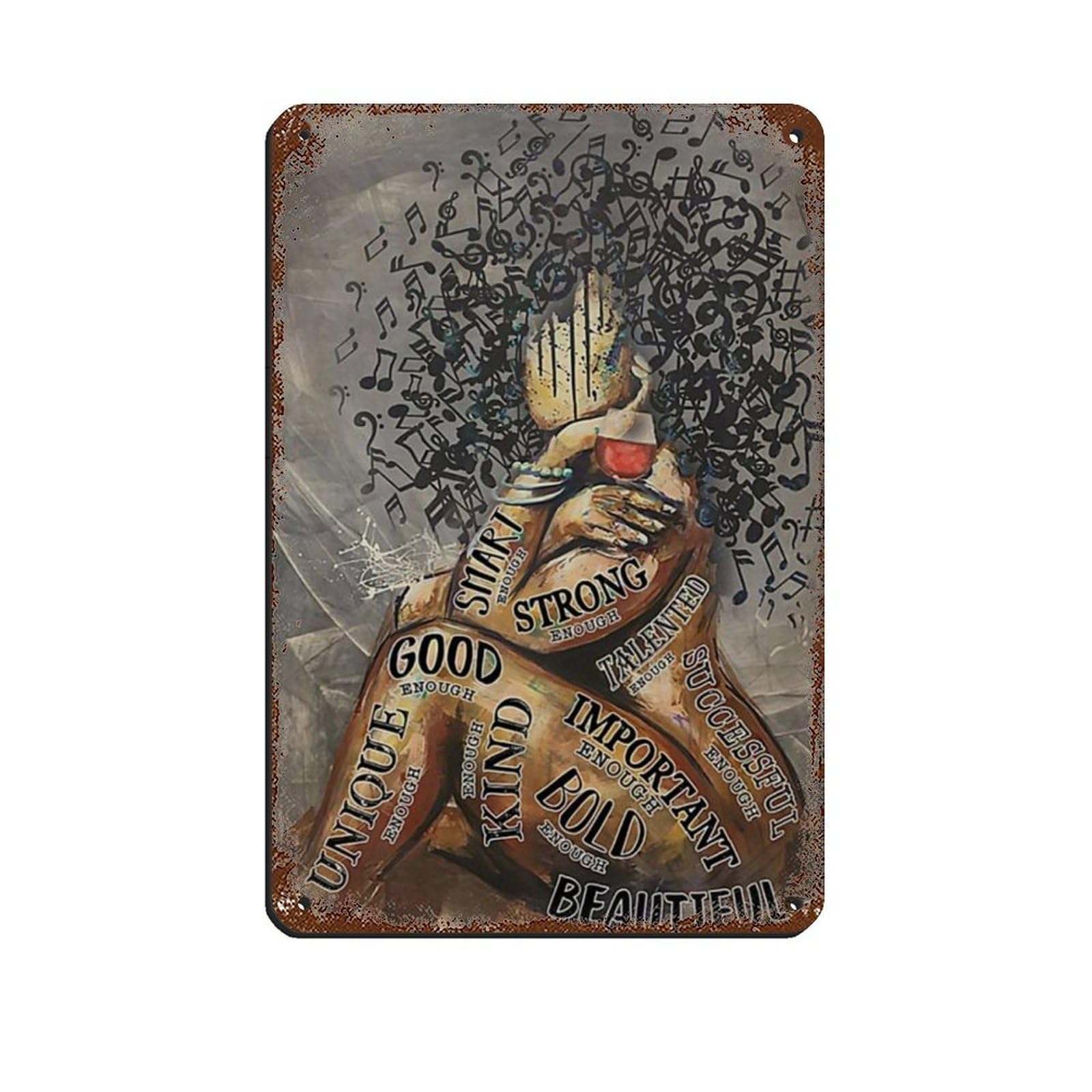 Afro Girl Music And Wine Retro Poster Metal Tin Sign Chic Art Retro Iron Painting Bar People Cave Cafe Family Garage Poster Wall Decoration 8x12inch(20x30cm)