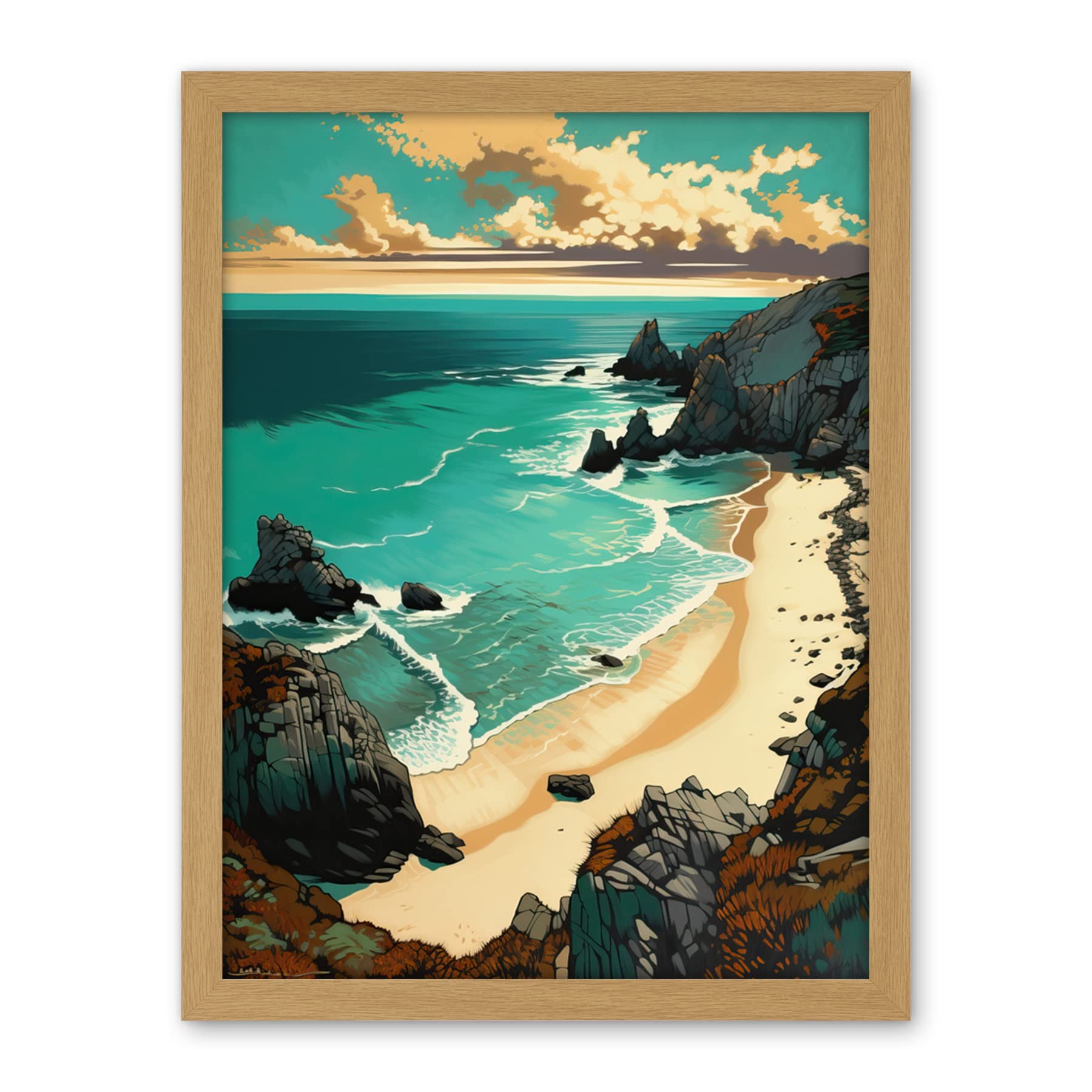 Artery8 Porthcurno Sandy Beach Cliffs Coastal Landscape Artwork Framed Wall Art Print 18X24 Inch