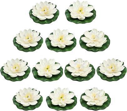 12pcs Floating Foam Lotus Flowers with Lily Pads, Artificial Pond Plants Ornaments for Pool Aquarium Water Decoration, White
