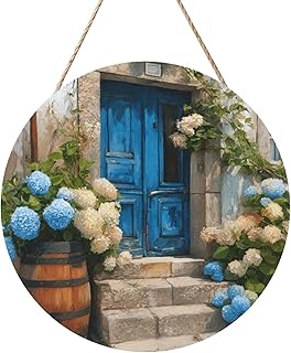 Rustic Old House Blue Door Hydrangeas Wooden Welcome Sign For Front Door,12 Inch Round Hanging Wall Sign Plaque Farmhouse Decorations