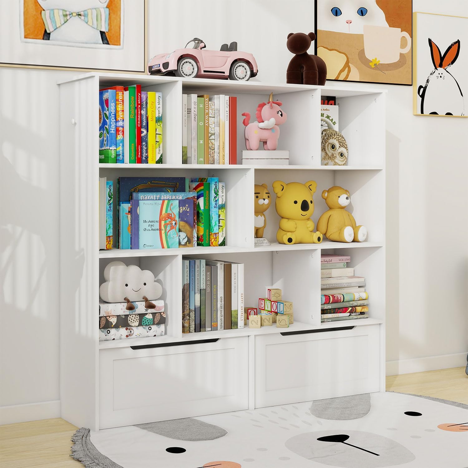 Toy Storage Organizer and Kids Bookshelf, Floor Storage Cabinet Toy Chest with 2 Movable Drawers and 8 Storage Cubbies, Multifunctional Storage Chest Storage Organization for Children's Room, Playroom