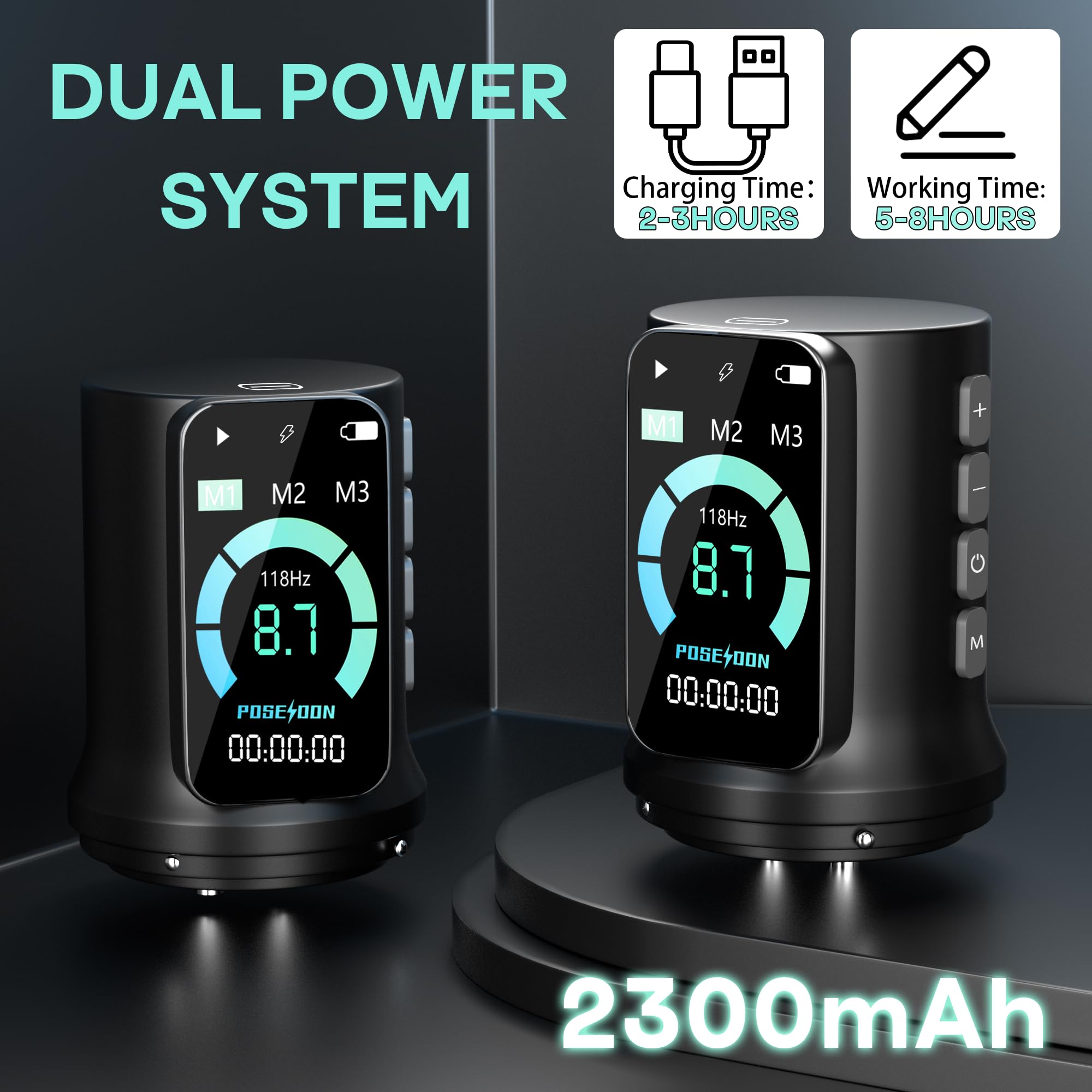 POSEIDON Kabelloses Tattoo-Kit mit 7 Zeiteinstellungen, zwei 2300 mAh Batterien, Normalmodus/Punkt-Modus und LED-Display, tragbares Profi-Set für Anfänger | Komplettes Zubehör