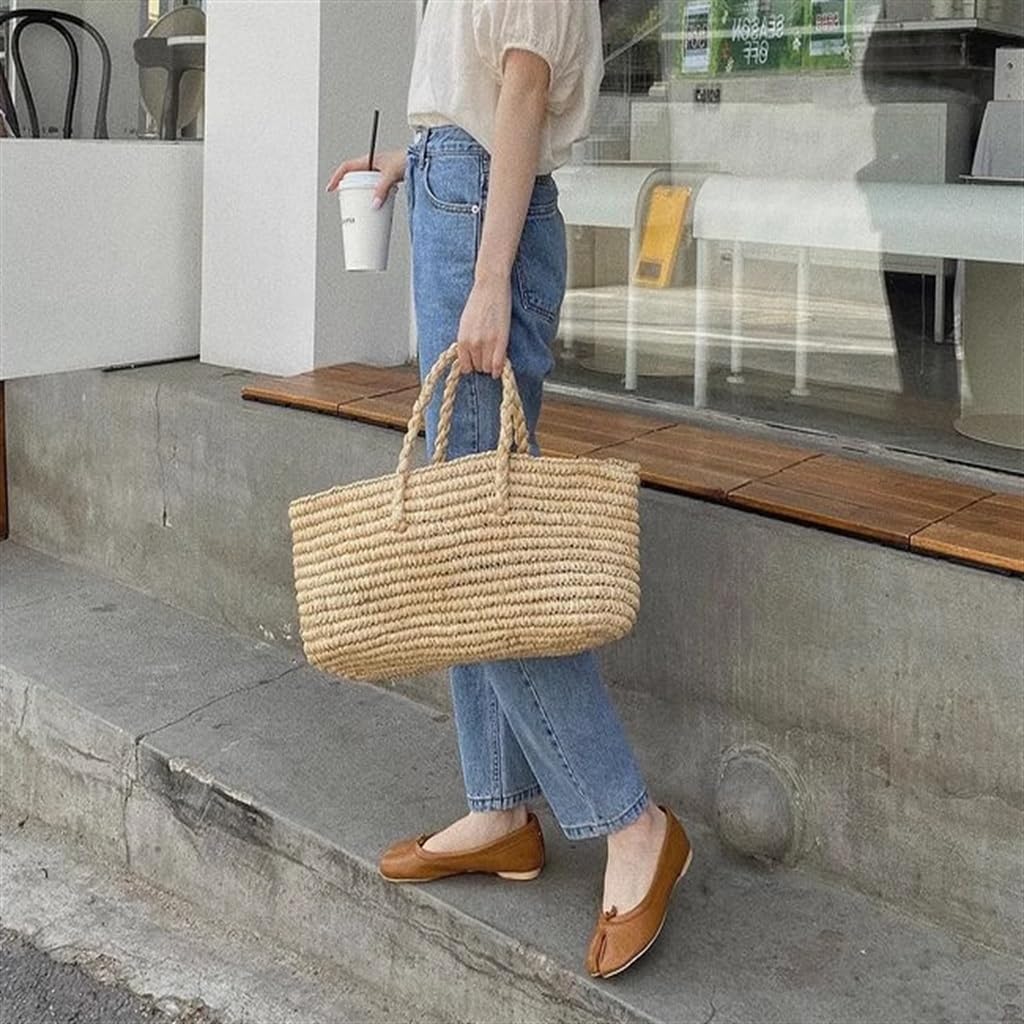 Raffia Bag Beach Vacation Rustic Japanese Handbag Woven Large Capacity Vegetable Basket