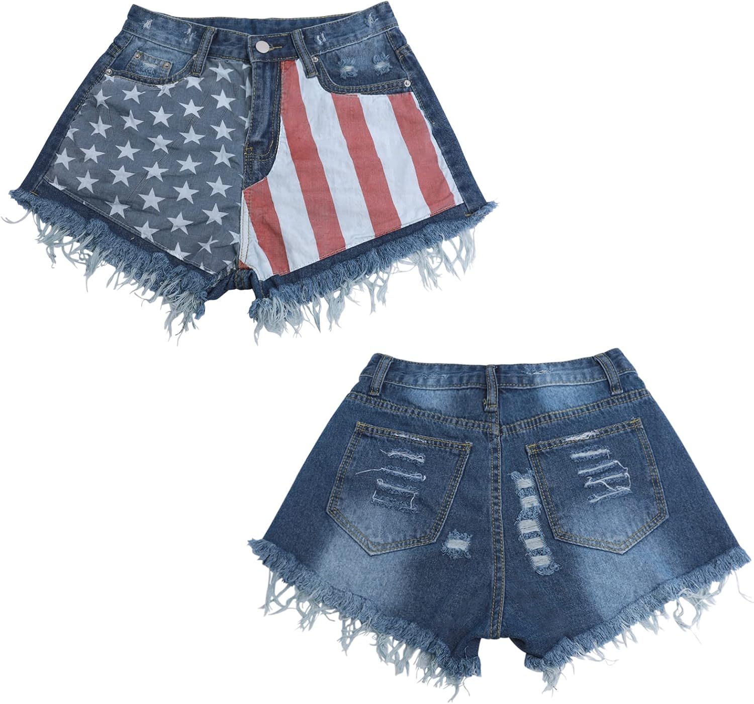 Women's Denim Shorts Low-Rise American Flag Printed Shorts Frayed Raw Hem Casual Jeans Shorts Sexy Mini Hot Pants - Image 3