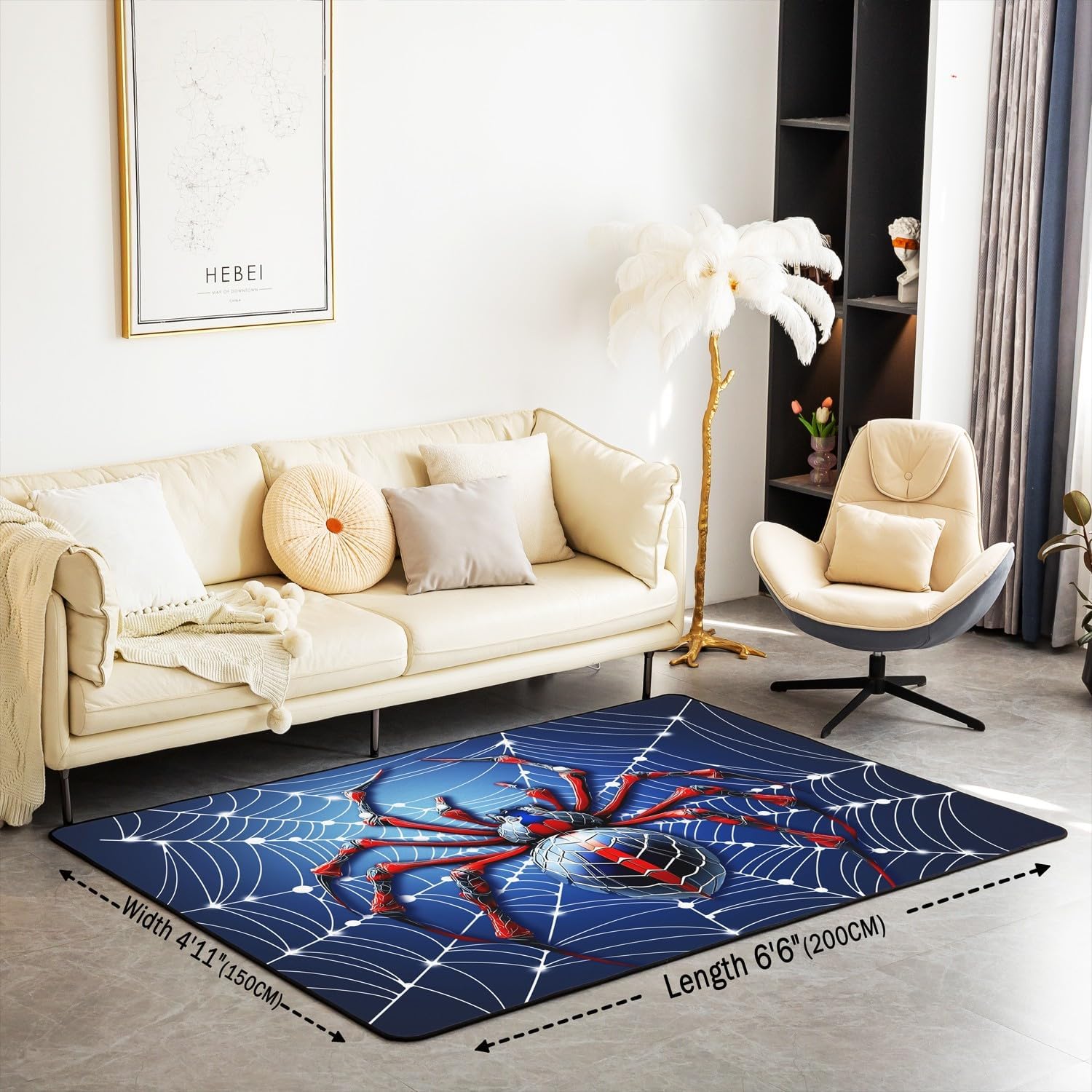 Spider Web Kids Area Rug,Red Black Spider Arachnid Insect Animal Indoor Floor Mat Entrance Rug for Girls Boys,Happy Halloween Gothic Non Slip Rug,Blue Fashion Couch Living Room Decor,3'x5'