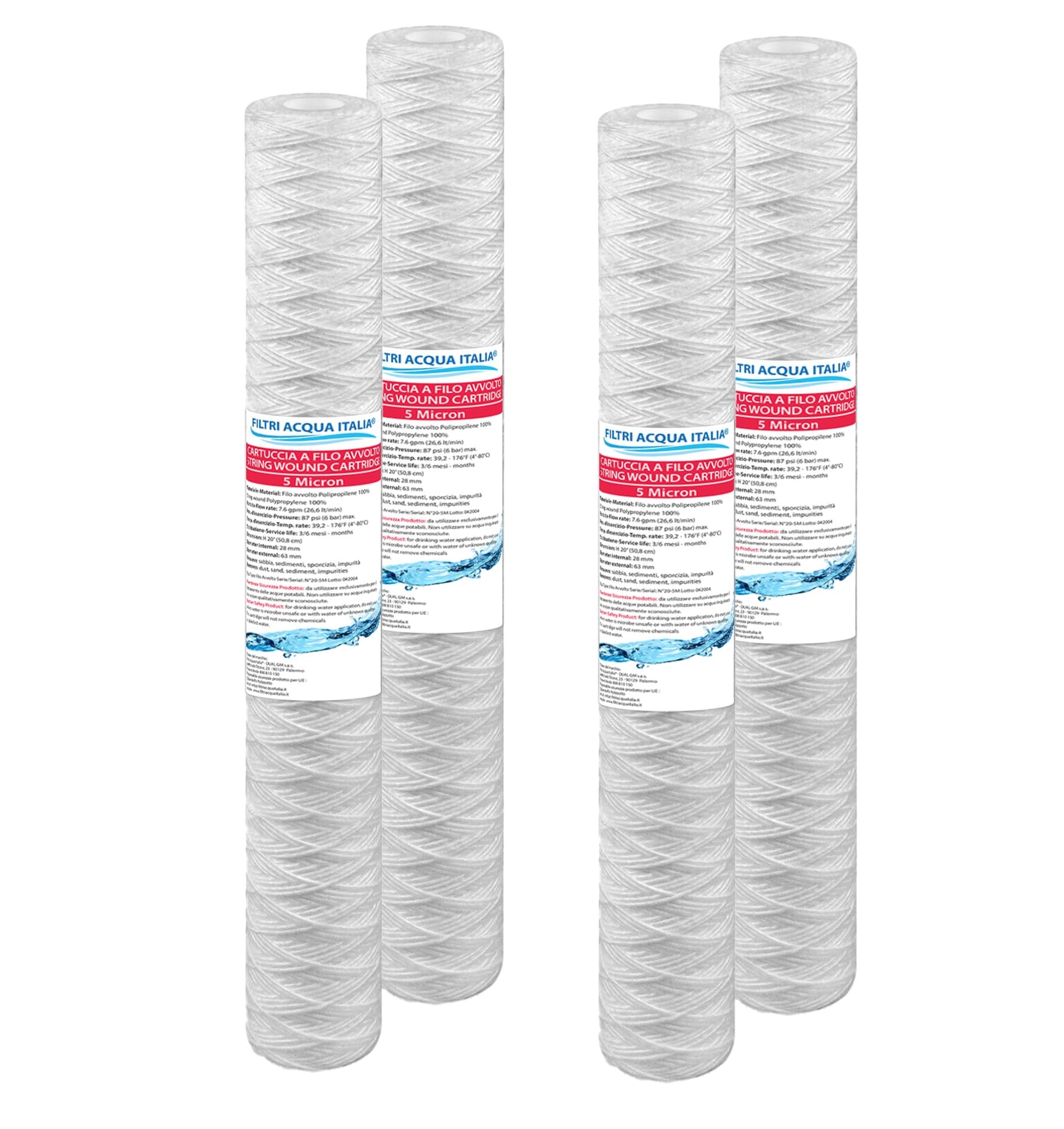 Cartuccia Filo Avvolto 20 Pollici Micron 5 Set 4 Pezzi Filtri Acqua Italia