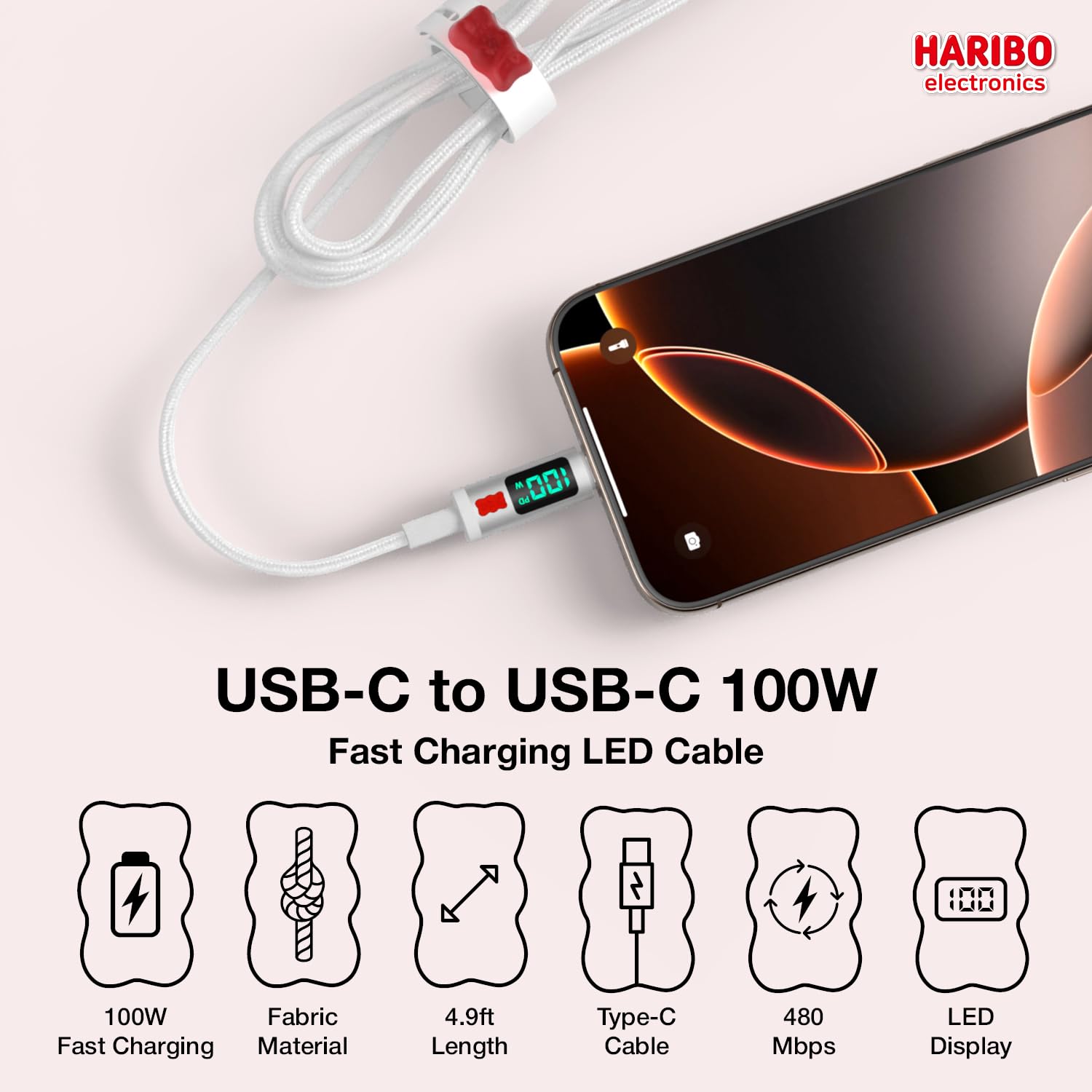 Haribo - Cable USB C a USB C (5 pies, 2 unidades), carga rápida PD de 100 W, pantalla LED, USB 2.0 Gummy Bear Style para iPhone 15/16, Samsung Galaxy, Pixel, iPad