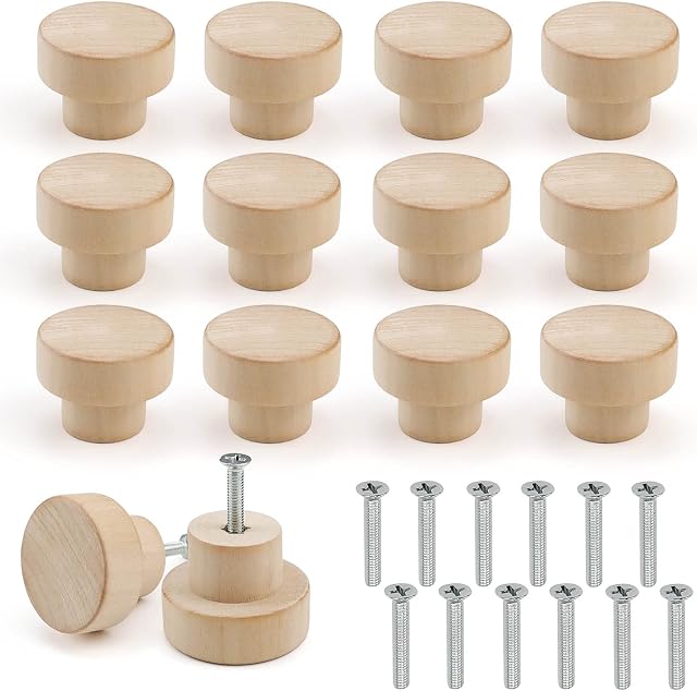 FYSL Wood Drawer Knobs 12 PCS Wood Knobs with Screws, Round Wood Drawer Knob, Wooden Cabinet Knobs Wooden Knobs for Cabinet, Cupboard, Wardrobe, Furniture, Kitchen