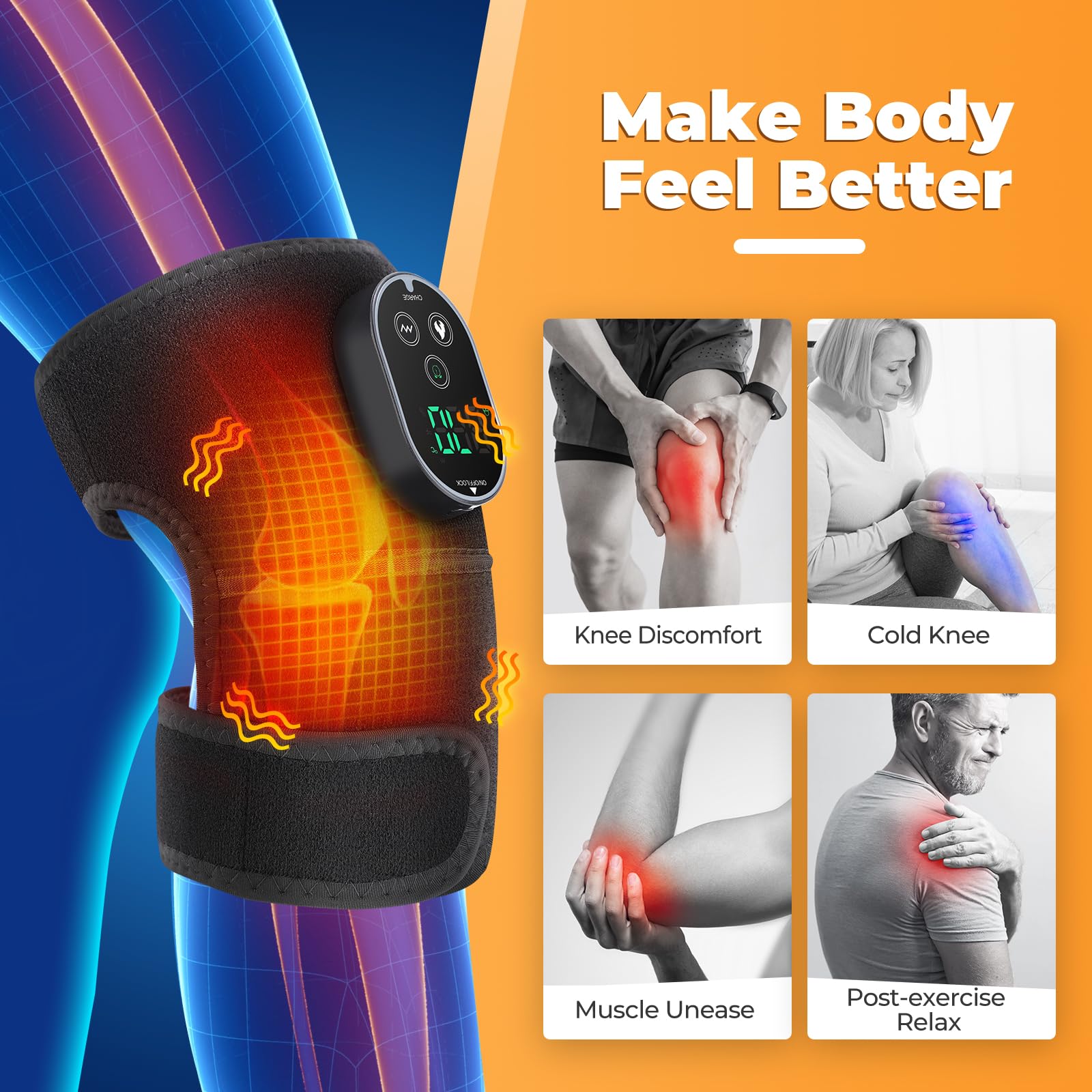 Kabelloses beheiztes Kniemassagegerät, Beheizte Kniebandage Wrap Knie mit Vibration, Knieheizkissen für Schulter Ellenbogen, Wärmekissen für Knie mit 6 Heizstufen, 3 Massagemodi & Timer