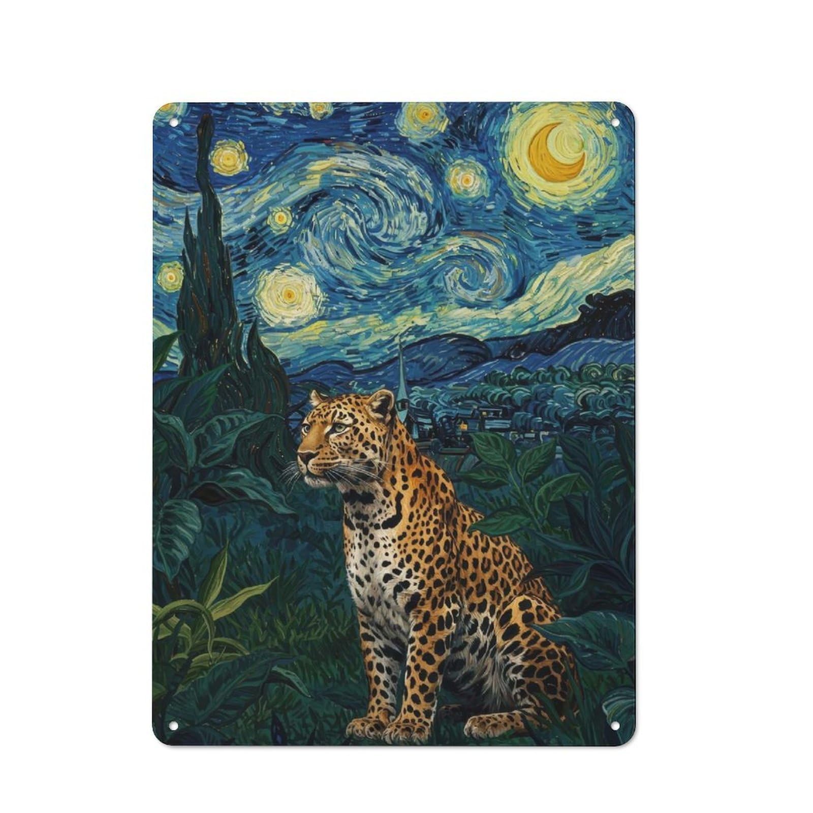 Leopard in Starry Night Style Metal Wall Sign 40x30cm, Nostalgic Classic Pub Decor for Pub, Home Bar, Shed Or Man Cave