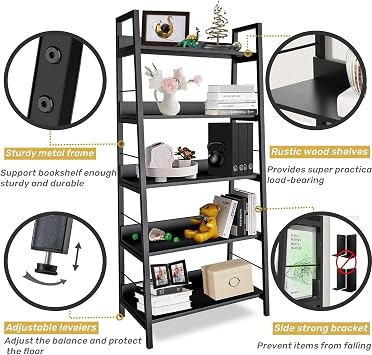 Himimi Ladder Bookshelf Black,Tall Bookcase and Book Shelf 5 Tier Shelves, Industrial Modern Wood Display Shelf Book Case with Metal Frame,Storage Rack Home Office Furniture for Living Room,Bedroom
