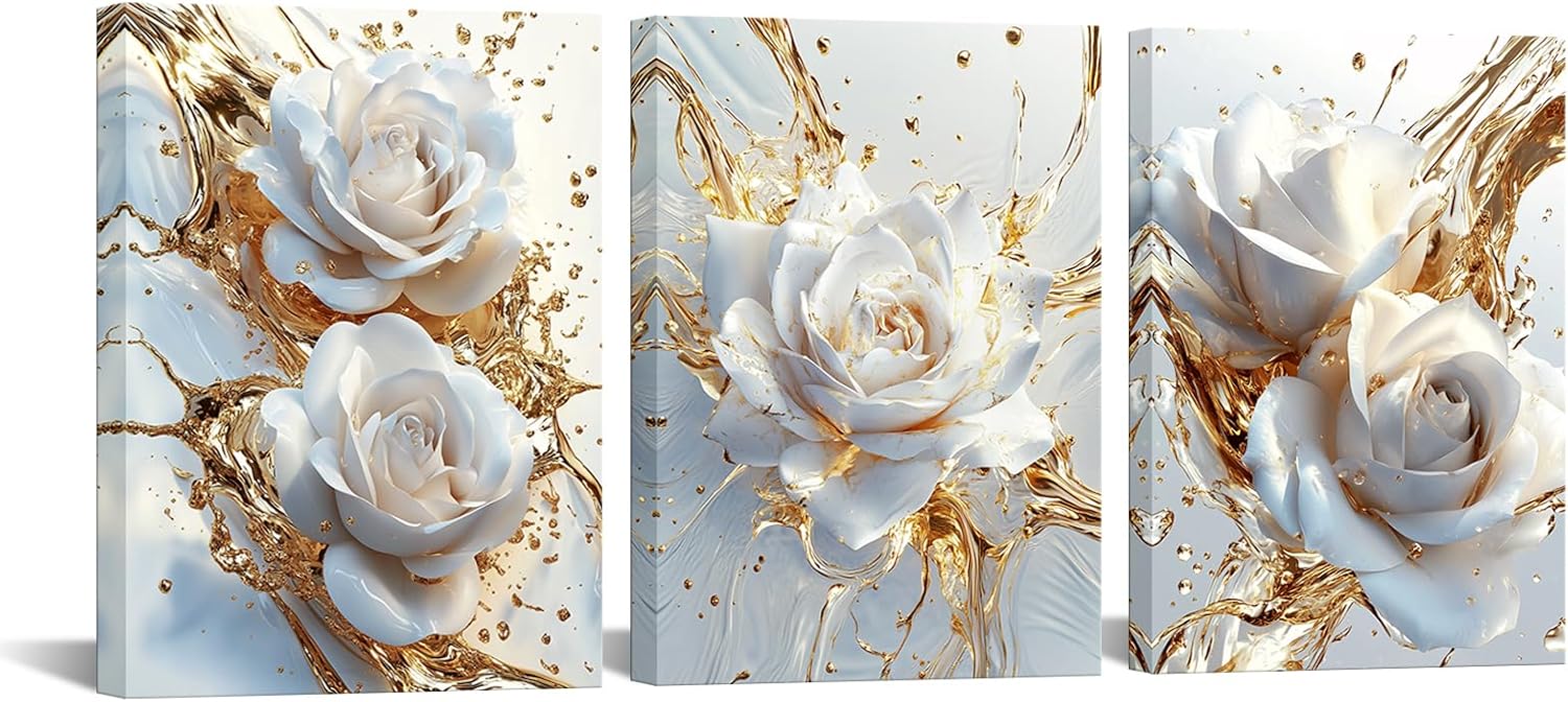 iKNOW FOTO 3 Pieces Gold and White Rose Canvas Wall Art Abstract Floral Prints for Bedroom Living Room Bathroom Hallway Modern Home Decoration Each 12x16 Inch