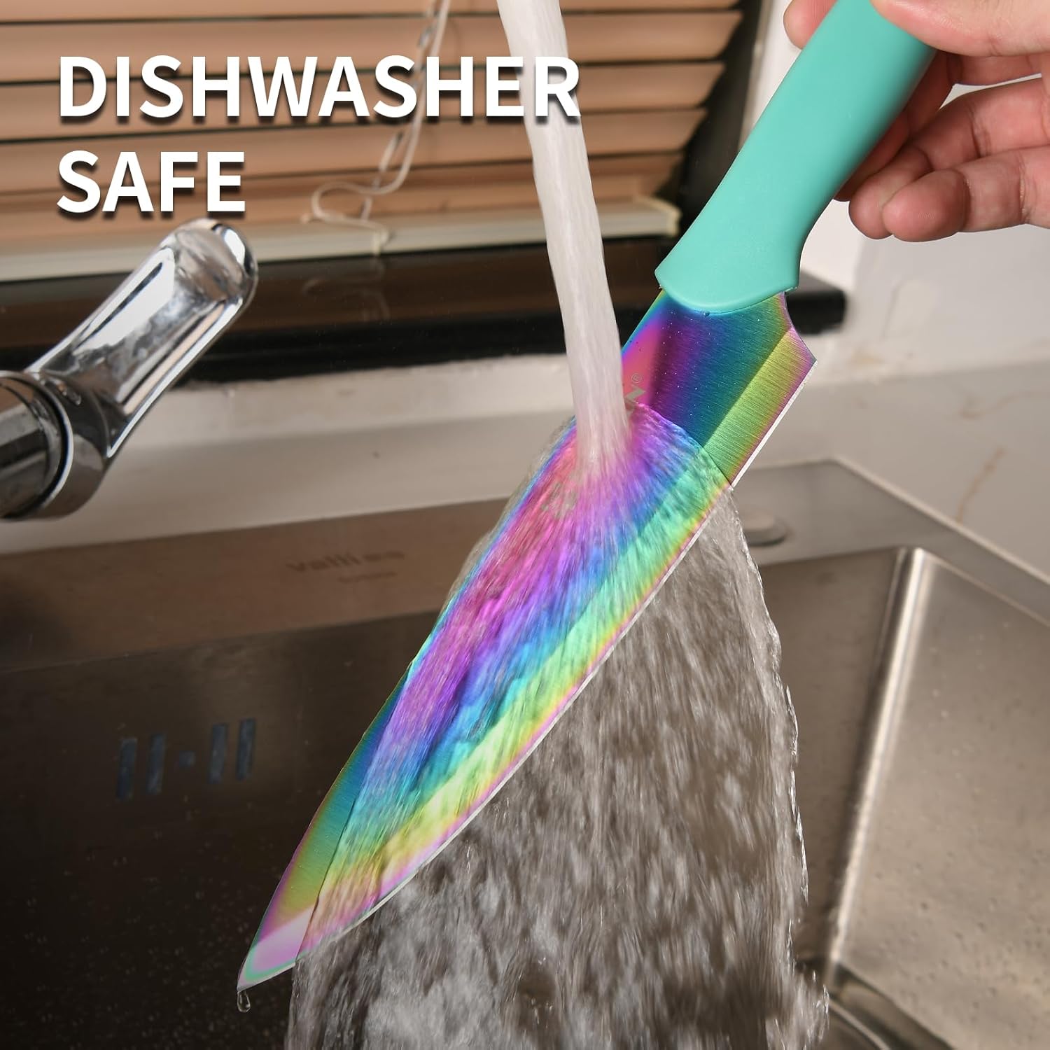 Kitchen Knife Set with Block, 14 Piece Rainbow Titanium Coated Stainless Steel Knives Set, Anti-Rust and Dishwasher Safe, 12 Knives with Kitchen Shears and Block - Image 5