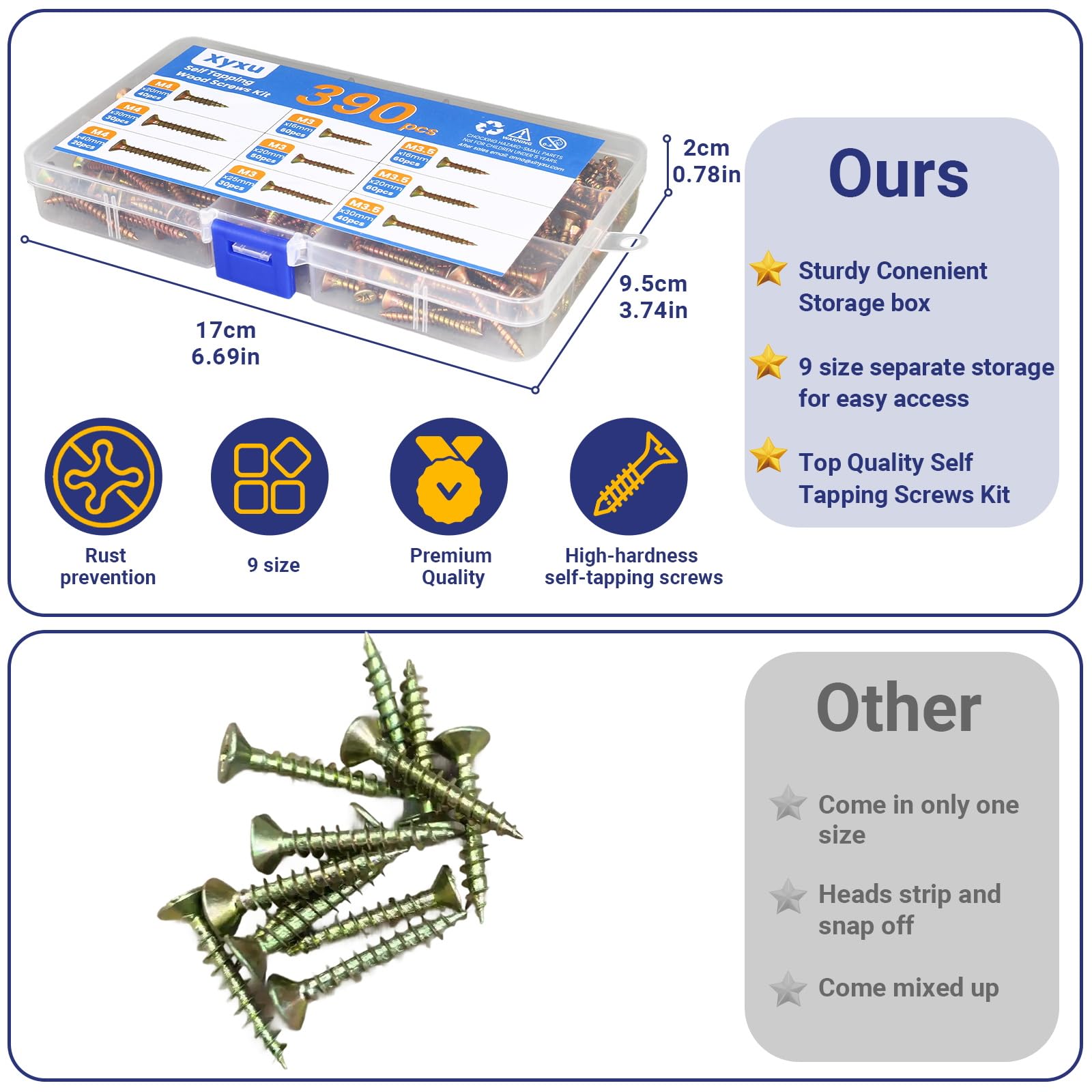 Xyxu Wood Screws Assortment Kit -390PCS M3, M3.5, M4 Self Tapping Screw Set - Image 4