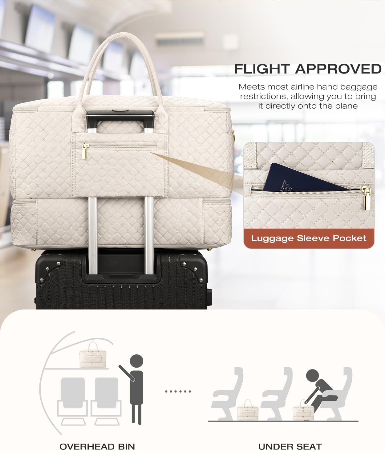 Travel Duffle Bag, Wide Open Large Weekender Bag for Women with Shoe Compartment, Carry on Overnight Bags with Toiletry Bag, Hospital Bag for Women Labor Delivery with Wet Pocket (Cream) - Image 6