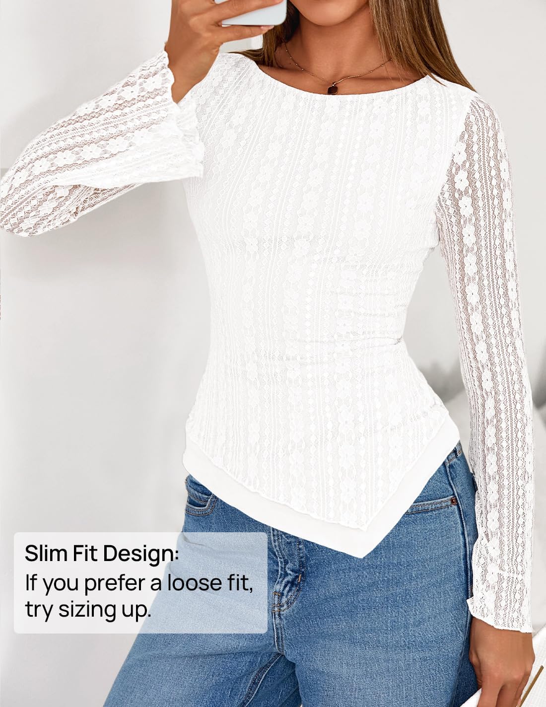 ZESICA Womens 2026 Spring Summer Lace Mesh Sleeve Tops Going Out Double Lined Slim Fit Asymmetrical Shirts Date Night Outfit - Image 4