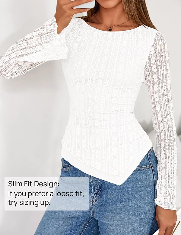 ZESICA Womens Lace Mesh Long Sleeve Asymmetrical Top,White,L by ZESICA - Used condition - Image 4